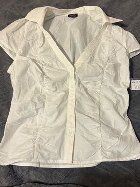 Ambiance White Ruched Button-Down Short Sleeve Shirt